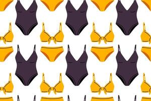 Seamless background with repeating yellow bikinis and purple one-piece swimsuits. Great for summer textiles, packaging or fashion design. vector