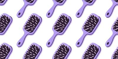 Repeating pattern featuring violet paddle hair brushes with soft bristles on white background vector