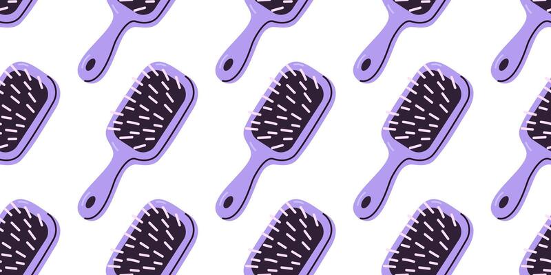 Repeating pattern featuring violet paddle hair brushes with soft bristles on white background