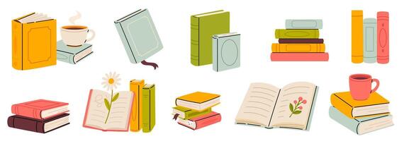 Colorful books and coffee cup illustrations vector