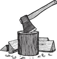 Axe stuck in a log, a log of firewood. Vintage graphics and handwork. Tools collection. vector