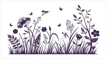 Meadow outline on a plain background. Spring banner featuring wild herbs, flowers such as poppies, along with bees and butterflies. vector