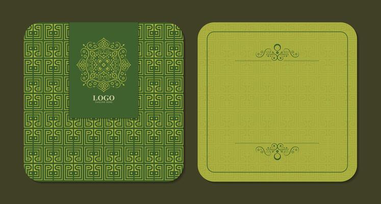 Ornate Green Pattern with Mandala Logo and Text Layout Design