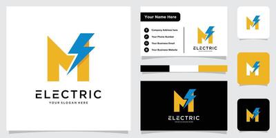 Initial M Letter with Lightning Bolt Logo Design with business card design vector