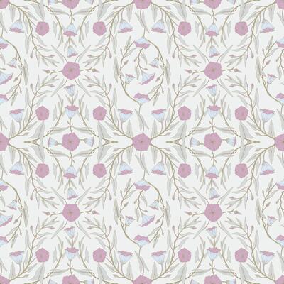 Seamless pattern with branches of convolvulus plant, flowers and leaves. Mosaic repeated motif. Template with morning glory wildflowers for fashion prints. Light gray background, illustration