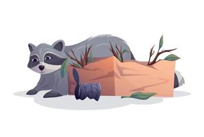 Cartoon Raccoon Nesting in Cardboard Box with Sticks and Trash. Cute Wildlife Animal Living Among Urban Waste. Perfect for Environmental, Education, or Pest Control Concepts. vector