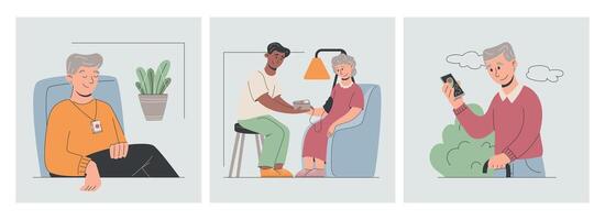 Set of flat illustrations on elderly care. Seniors with caregiver, medical checkup, safety pendant, phone communication. Flat design for healthcare, aging support, telecare and wellness themes. vector