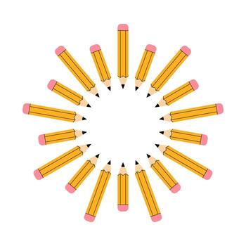 simétrico ilustración presentando múltiple amarillo lapices arreglado en un circular modelo parecido a un Dom o un decorativo marco. vector