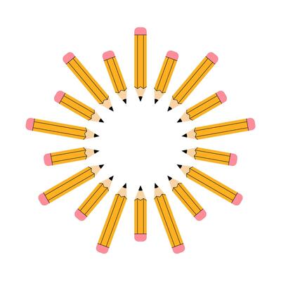 Symmetrical illustration featuring multiple yellow pencils arranged in a circular pattern resembling a sun or a decorative frame.