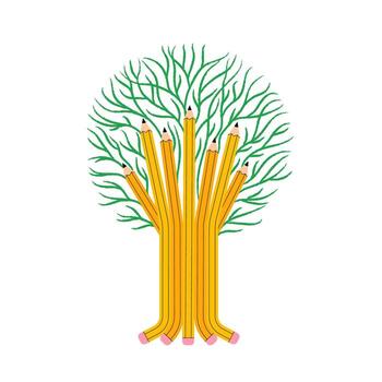 Tree made from yellow pencils forming the trunk and branches. The image symbolizes growth knowledge and the power of creativity rooted in education. vector