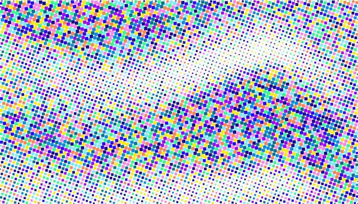 Abstract pattern of colorful squares on a white background.