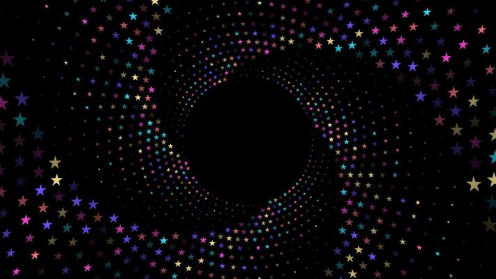 Colorful stars forming a swirling spiral pattern on a black background