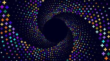 Colorful plus signs forming a swirling spiral pattern around a dark center. vector