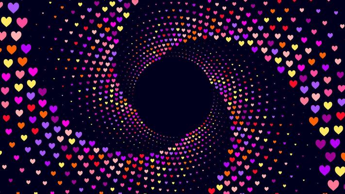 Vibrant background with swirling heart patterns. The hearts are arranged in a dynamic creating a sense of depth and movement evoking a romantic atmosphere.