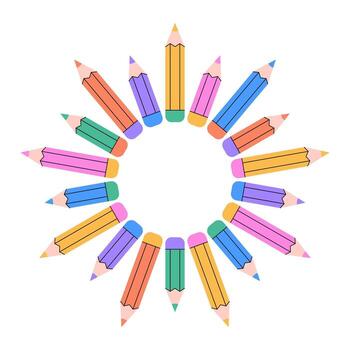 A vibrant and symmetrical illustration featuring multicolored pencils arranged in a circular pattern, resembling a flower or a creative frame. vector