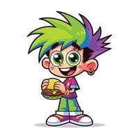 funny boy eating hamburger in cartoon style vector