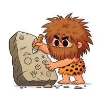 Cartoon Caveman Character Writing on a Stone Tablet vector