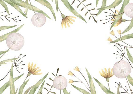 Watercolor hand-drawn frame with wildflowers - dandelions, small flowers and blades of grass. Themplate card for design baby shower, birthday, nursery.