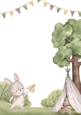 Woodland friends. Watercolor hand-drawn frame with cute bunny and paper airplane, children's hut, tree, bushes and flags. Themplate card for design baby shower, birthday, nursery.