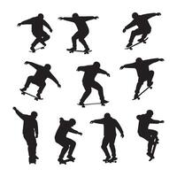Collection of nine dynamic skateboarder silhouettes performing tricks isolated on white background silhouette vector