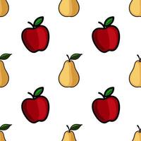 Seamless pattern featuring alternating red apples and yellow pears, rendered in a bold, cartoonish style with black outlines against a white background, creating a playful and vibrant design. vector