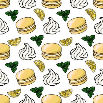 Seamless pattern of delicious lemon macarons, whipped cream swirls, and fresh mint leaves on a white background, creating a vibrant and appetizing design. vector