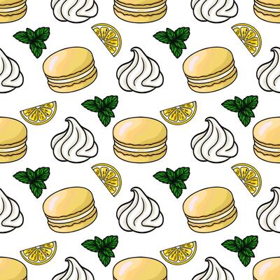 Seamless pattern of delicious lemon macarons, whipped cream swirls, and fresh mint leaves on a white background, creating a vibrant and appetizing design.