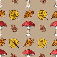 Seamless pattern featuring hand-drawn illustrations of vibrant red toadstools with white dots, interspersed with autumnal yellow and orange leaves, and delicate brown branches, all set again... vector