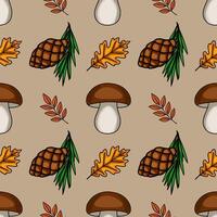 Seamless pattern featuring hand-drawn autumnal elements brown mushrooms, pine cones, oak leaves, and sprigs of pine needles, set against a muted beige background, creating a charming and ru... vector