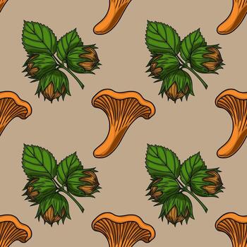 Seamless pattern featuring hand-drawn illustrations of chanterelle mushrooms and hazelnuts with leaves, creating a rustic autumnal design. vector