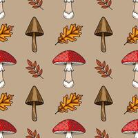 Seamless pattern featuring hand-drawn illustrations of autumn mushrooms, oak leaves, and berry branches on a neutral taupe background, creating a charming and rustic autumnal design. vector