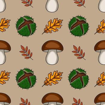 Seamless pattern featuring hand-drawn autumnal elements mushrooms, chestnuts, oak leaves, and branches with berries, creating a charming and rustic fall design. vector