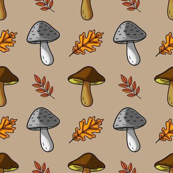 Seamless pattern featuring hand-drawn illustrations of autumn mushrooms, oak leaves, and branches with vibrant foliage, creating a charming and rustic autumnal design. vector