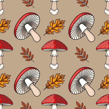 Seamless pattern featuring hand-drawn illustrations of red and white mushrooms, oak leaves, and autumnal branches on a taupe background, creating a charming autumnal design. vector