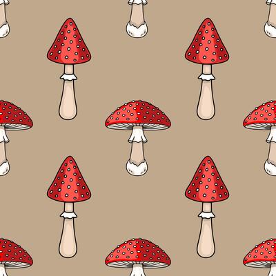 Seamless pattern featuring whimsical hand-drawn illustrations of red toadstools with white spots, alternating between classic and stylized shapes, on a muted beige background.