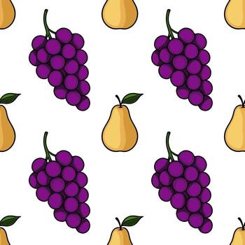 Seamless pattern featuring alternating bunches of purple grapes and golden pears, creating a vibrant and playful fruit design. vector