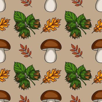 Seamless pattern with hand-drawn illustrations of mushrooms, hazelnuts, oak leaves, and autumn branches on a beige background, creating a charming autumnal design. vector