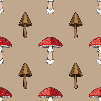 Seamless pattern featuring hand-drawn illustrations of red toadstools with white dots and brown mushrooms, set against a muted beige background, creating a charming autumnal design. vector