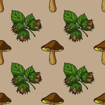 Seamless pattern featuring hand-drawn illustrations of hazelnuts with green leaves and brown mushrooms on a beige background, creating a rustic autumnal design. vector