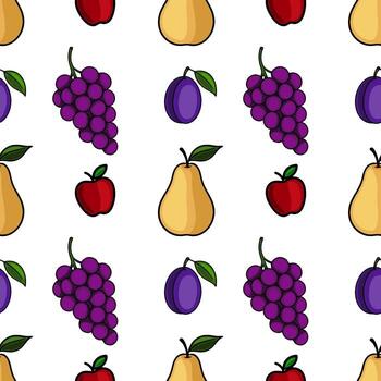 Seamless pattern with hand-drawn illustrations of ripe pears, apples, plums, and grapes, arranged in a repeating design on a white background. vector