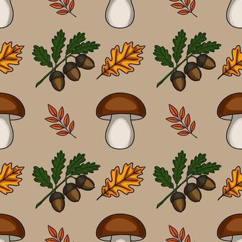 Seamless pattern featuring autumnal elements mushrooms, acorns, oak leaves, and branches, creating a charming and rustic design ideal for fall-themed projects. vector