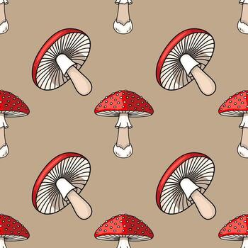 sin costura modelo presentando dibujado a mano ilustraciones de rojo y blanco hongos con variar detalles, creando un encantador otoñal diseño Perfecto para textil huellas dactilares o digital antecedentes. vector