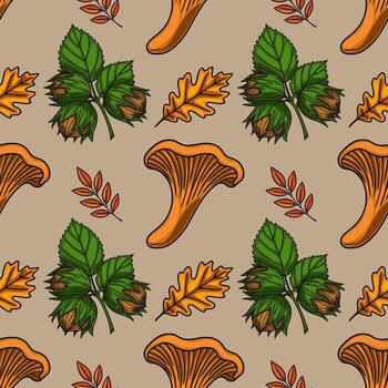 Seamless pattern featuring chanterelle mushrooms, hazelnuts, oak leaves, and autumnal branches, creating a vibrant autumnal design perfect for fall-themed projects. vector
