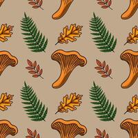 Seamless pattern featuring hand-drawn chanterelle mushrooms, oak leaves, and fern fronds in autumnal hues on a neutral beige background, ideal for fall-themed designs. vector