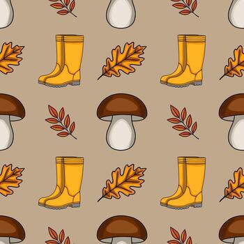 Seamless pattern featuring autumnal elements yellow rubber boots, brown mushrooms, oak leaves, and red-orange branches, creating a charming and rustic fall design. vector