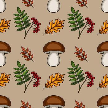 Seamless pattern featuring autumnal elements brown mushrooms, oak leaves, rowan berries, and branches, creating a cozy and rustic fall design. vector