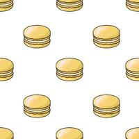 Seamless pattern of hand-drawn pale yellow macarons with creamy filling, arranged in a repeating grid on a white background, ideal for bakery packaging or dessert-themed design projects. vector