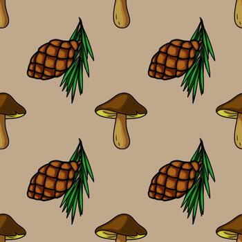 Seamless pattern featuring hand-drawn illustrations of brown mushrooms and pine cones with green needles, set against a muted beige background, creating a natural and autumnal aesthetic. vector