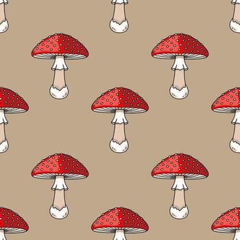 Seamless pattern featuring hand-drawn illustrations of vibrant red toadstools with white dots against a muted beige background, creating a whimsical autumnal design. vector