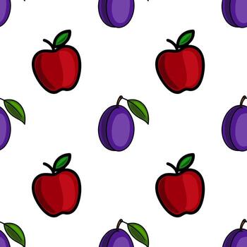 Seamless pattern with stylized red apples and purple plums, creating a vibrant and playful fruit design perfect for various applications. vector